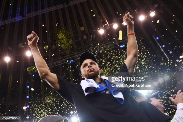 Stephen Curry of the Golden State Warriors after winning the NBA Championship in Game Five against the Cleveland Cavaliers of the 2017 NBA Finals on...