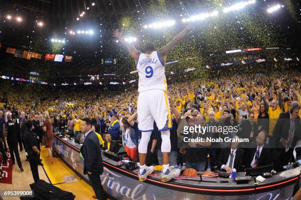 Andre Iguodala of the Golden State Warriors celebrates winning the NBA Championship in Game Five against the Cleveland Cavaliers of the 2017 NBA...
