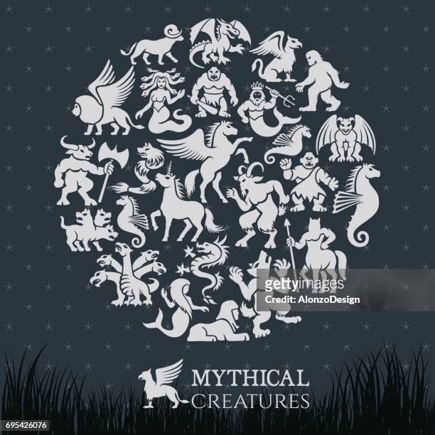 ilustrações, clipart, desenhos animados e ícones de mítico collage - cérebro de animal
