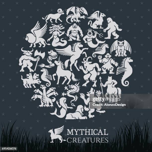 mythical collage - bigfoot sasquatch stock illustrations