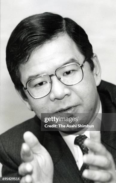 Japanese Communist Party Chair Kazuo Shii speaks during the Asahi Shimbun interview at the party headquarters on November 21, 1996 in Tokyo, Japan.