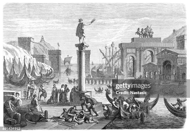 stockillustraties, clipart, cartoons en iconen met oude schepen in de zeehaven van een romeinse, romeinse god mercurius - romeins