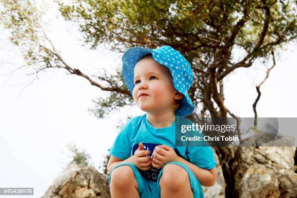 toddler crouching down and looking up at something with tree in background - blue white summer hat background stock pictures, royalty-free photos & images
