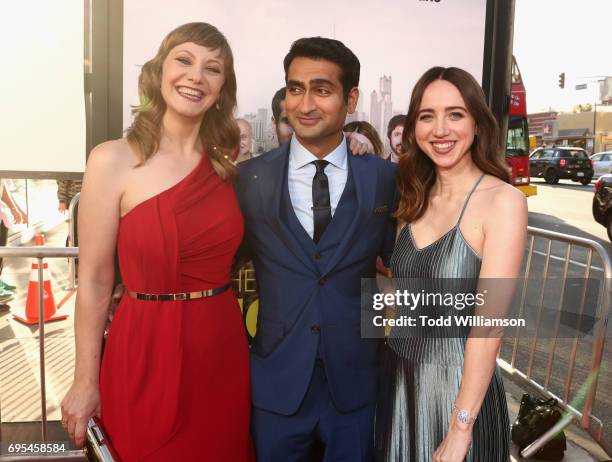 Actor/ producers Emily V. Gordon, Kumail Nanjian, and actor Zoe Kazan attend Amazon Studios And Lionsgate Present The LA Premiere Of "THE BIG SICK"...