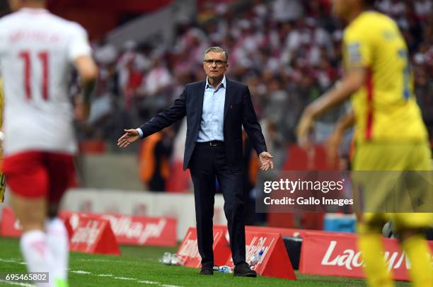 Adam Nawalka of Poland gives instructions during the 2018 FIFA World Cup Russia eliminations match between Poland and Romania on June 10, 2017 at the...