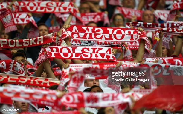 Polish supporters during the 2018 FIFA World Cup Russia eliminations match between Poland and Romania on June 10, 2017 at the National Stadium in...