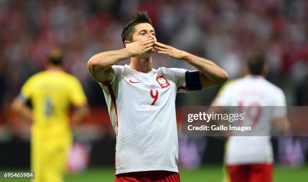 Robert Lewandowski of Poland celebrates his goal during the 2018 FIFA World Cup Russia eliminations match between Poland and Romania on June 10, 2017...