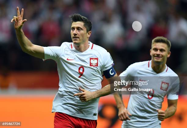 Robert Lewandowski of Poland celebrates his goal during the 2018 FIFA World Cup Russia eliminations match between Poland and Romania on June 10, 2017...