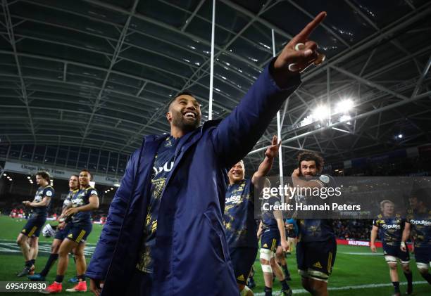 Lima Sopoaga of the Highlanders and teammates celebrate their 23-22 victory during the 2017 British & Irish Lions tour match between the Highlanders...