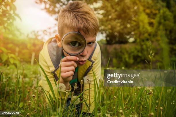 kinder erkunden die natur mit lupe - magnifying glass nature stock-fotos und bilder