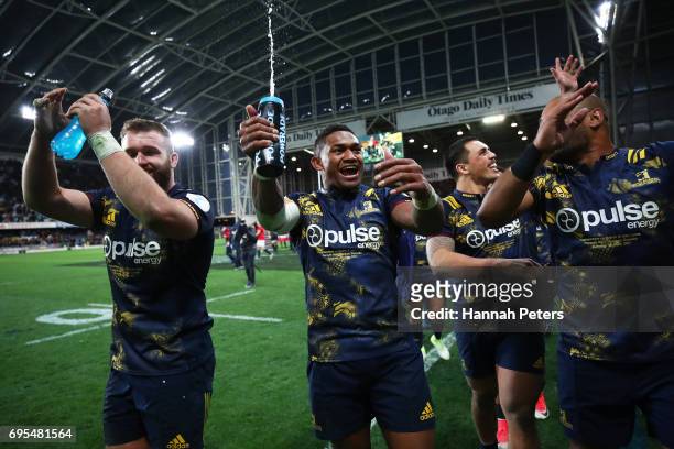 Waisake Naholo of the Highlanders and teammates celebrate their 23-22 victory during the 2017 British & Irish Lions tour match between the...