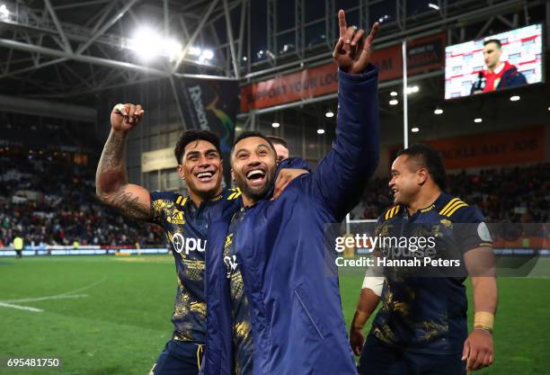 Malakai Fekitoa and Lima Sopoaga of the Highlanders celebrate their 23-22 victory during the 2017 British & Irish Lions tour match between the...