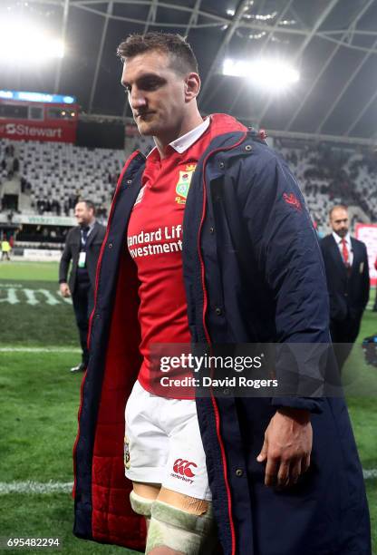 Dejected Sam Warburton of the Lions walks off the pitch following his team's 23-22 defeat during the 2017 British & Irish Lions tour match between...