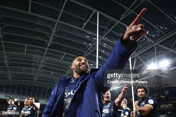 Lima Sopoaga of the Highlanders and teammates celebrate their 23-22 victory during the 2017 British & Irish Lions tour match between the Highlanders...
