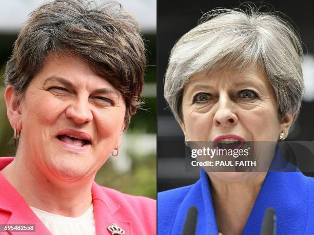 This combination of pictures created on June 13, 2017 shows Democratic Unionist Party leader Arlene Foster addressing the media outside Stormont...