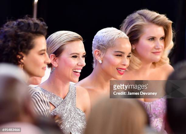 Scarlett Johansson, Zoe Kravitz and Jillian Bell attend the "Rough Night" New York premiere at AMC Lincoln Square Theater on June 12, 2017 in New...