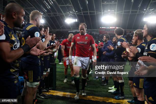 Dejected Alun Wyn Jones of the Lions and teammates walk off the pitch following their 23-22 defeat during the 2017 British & Irish Lions tour match...