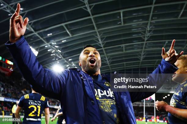 Lima Sopoaga of the Highlanders celebrates after winning the match between the Highlanders and the British & Irish Lions at Forsyth Barr Stadium on...