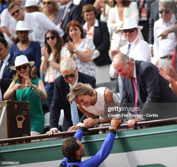 French Open Tennis Tournament - Day Fifteen. Rafael Nadal of Spain is congratulated by Juan Carlos of Spain after defeating Stan Wawrinka of...