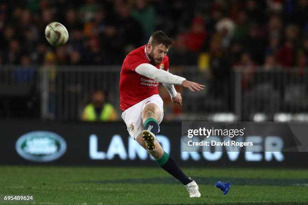 Elliot Daly of the Lions misses a long range penalty kick at goal during the 2017 British & Irish Lions tour match between the Highlanders and the...