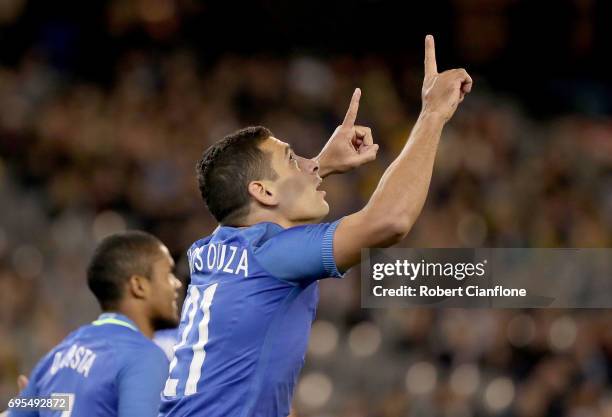 Diego Souza Andrade of Brazil celebrates after scoring a goal during the Brasil Global Tour match between Australian Socceroos and Brazil at...