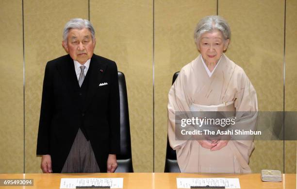 Emperor Akihito and Empress Michiko attend the 107th Japan Academy Award Ceremony at the Japan Academy headquarters on June 12, 2017 in Tokyo, Japan.