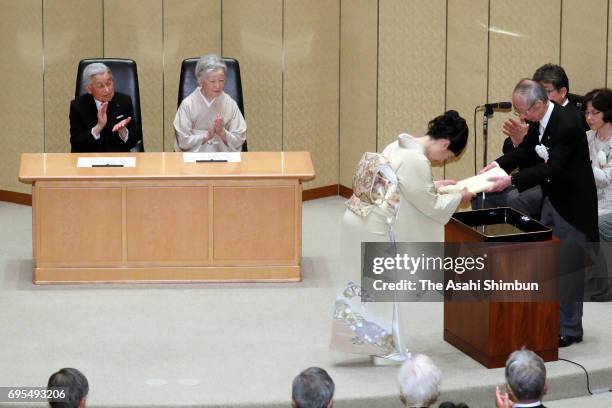 Emperor Akihito and Empress Michiko attend the 107th Japan Academy Award Ceremony at the Japan Academy headquarters on June 12, 2017 in Tokyo, Japan.