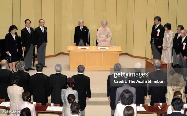 Emperor Akihito and Empress Michiko attend the 107th Japan Academy Award Ceremony at the Japan Academy headquarters on June 12, 2017 in Tokyo, Japan.