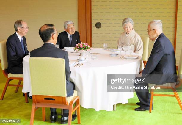 Emperor Akihito and Empress Michiko invite laureates of the 107th Japan Academy Award to the tea party at the Imperial Palace on June 12, 2017 in...