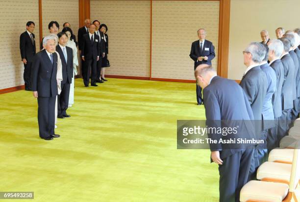 Emperor Akihito and Empress Michiko invite laureates of the 107th Japan Academy Award to the tea party at the Imperial Palace on June 12, 2017 in...