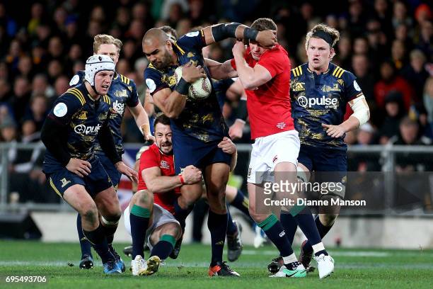 Patrick Osborne of the Highlanders on the charge during the match between the Highlanders and the British & Irish Lions at Forsyth Barr Stadium on...