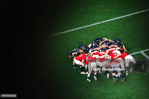 Scrum packs down during the match between the Highlanders and the British & Irish Lions at Forsyth Barr Stadium on June 13, 2017 in Dunedin, New...