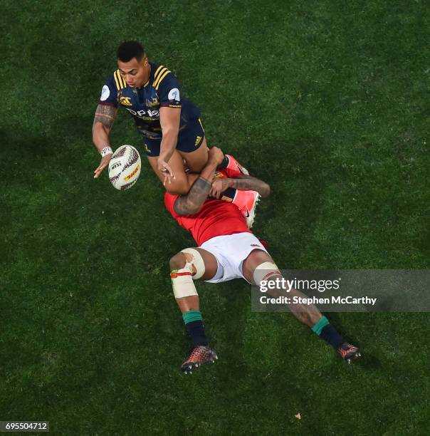 Dunedin , New Zealand - 13 June 2017; Tevita Li of the Highlanders is tackled by Courtney Lawes of the British & Irish Lions during the match between...