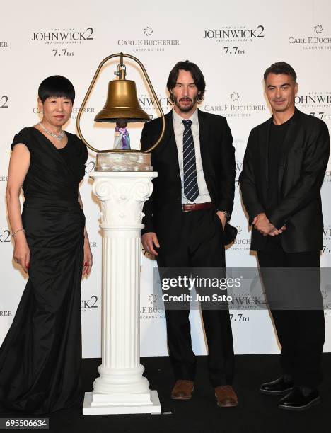 Singer Akiko Wada, Keanu Reeves and director Chad Stahelski attend the Japan premiere of 'John Wick: Chapter 2' at Roppongi Hills on June 13, 2017 in...