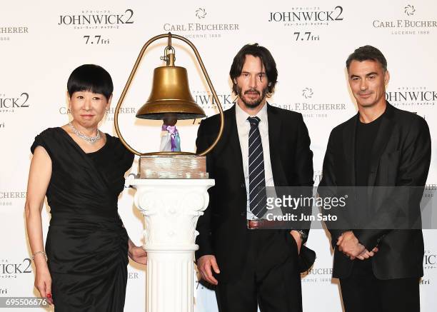 Singer Akiko Wada, Keanu Reeves and director Chad Stahelski attend the Japan premiere of 'John Wick: Chapter 2' at Roppongi Hills on June 13, 2017 in...