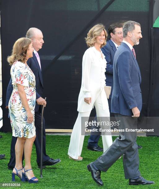 President of COTEC Foundation Cristina Garmendia King Juan Carlos and King Felipe VI of Spain attend COTECT event at Vicente Calderon Stadium on June...