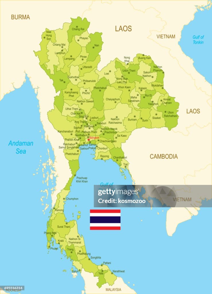 Vlakke kaart van Thailand met vlag