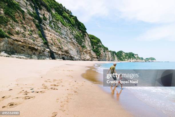 father and child having fun on beautiful beach, chiba, japan - paysage fun photos et images de collection