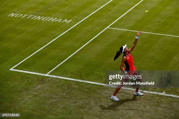 Johanna Konta of Great Britain serves during her Women's first round singles match against Tara Moore of Great Britain on day two of the Aegon Open...