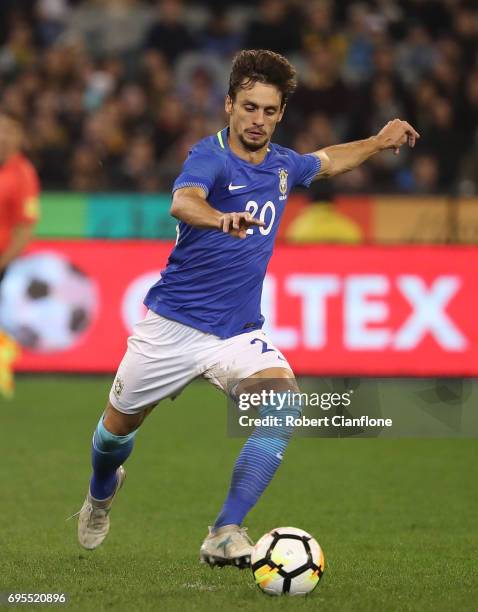 Rodrigo Caio Russo of Brazil controls the ball during the Brasil Global Tour match between Australian Socceroos and Brazil at Melbourne Cricket...