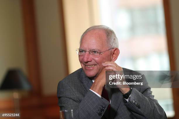 Wolfgang Schaeuble, Germany's finance minister, reacts during a Bloomberg Television interview at a Bloomberg G-20 event in Berlin, Germany, on...