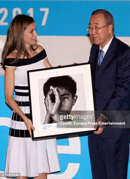 Queen Letizia of Spain delivers UNICEF Awards 2017 to Ban Ki-Moon at CSIC headquaters on June 13, 2017 in Madrid, Spain.