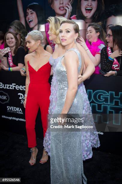 Actresses Zoe Kravitz, Jillian Bell and Scarlett Johansson attend the "Rough Night" New York Premiere at AMC Lowes Lincoln Square on June 12, 2017 in...