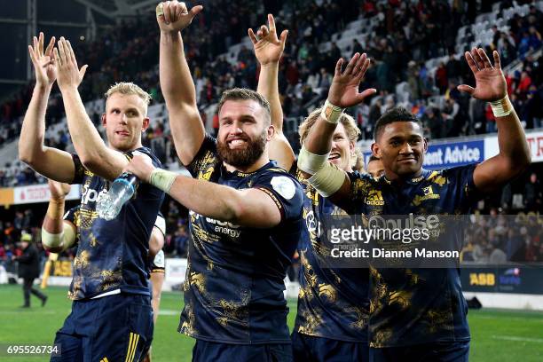 Tevita Li of the Highlanders celebrates after the match between the Highlanders and the British & Irish Lions at Forsyth Barr Stadium on June 13,...