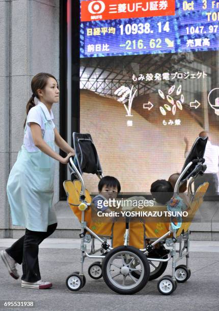 Nurse pushes a pram before a share prices board in Tokyo on October 3, 2008. Japanese share prices fell 216.62 points to close at 10,938.14 points at...