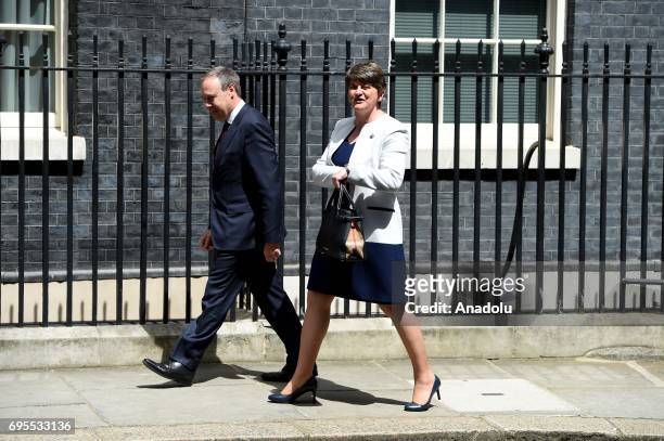 Democratic Unionist Party leader Arlene Foster and DUP Deputy Leader Nigel Dodds arrive at 10 Downing Street in central London, United Kingdom on...