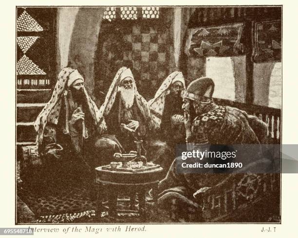 interview of the magi and king herod - james tissot stock illustrations