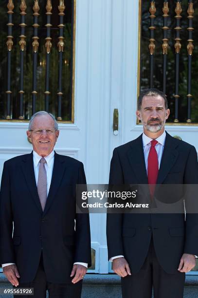 King Felipe VI of Spain receives President of Peru Pedro Pablo Kuczynski at the Zarzuela Palace on June 13, 2017 in Madrid, Spain.