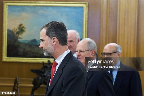 King Felipe VI of Spain receives President of Peru Pedro Pablo Kuczynski at the Zarzuela Palace on June 13, 2017 in Madrid, Spain.