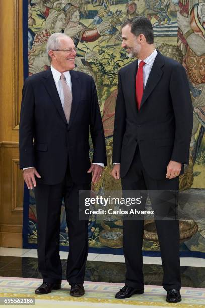 King Felipe VI of Spain receives President of Peru Pedro Pablo Kuczynski at the Zarzuela Palace on June 13, 2017 in Madrid, Spain.